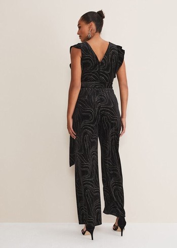 Phase Eight Victoriana Swirl Velvet Jumpsuit Black/Gold USA | 7650249-ML